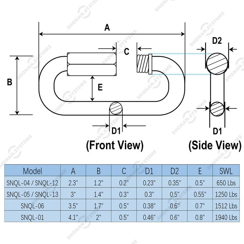 Shonan.Systems SHONAN 2.3 Inch Stainless Steel Chain Quick Links- 5 Pack 1/4" Locking Carabiners, Chain Hooks, Twist Key Ring Screw Chain Link, 650 Lbs Capacity - Image 2