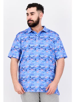 Men Regular Fit Short Sleeve All Over Printed Polo Shirt, Blue
