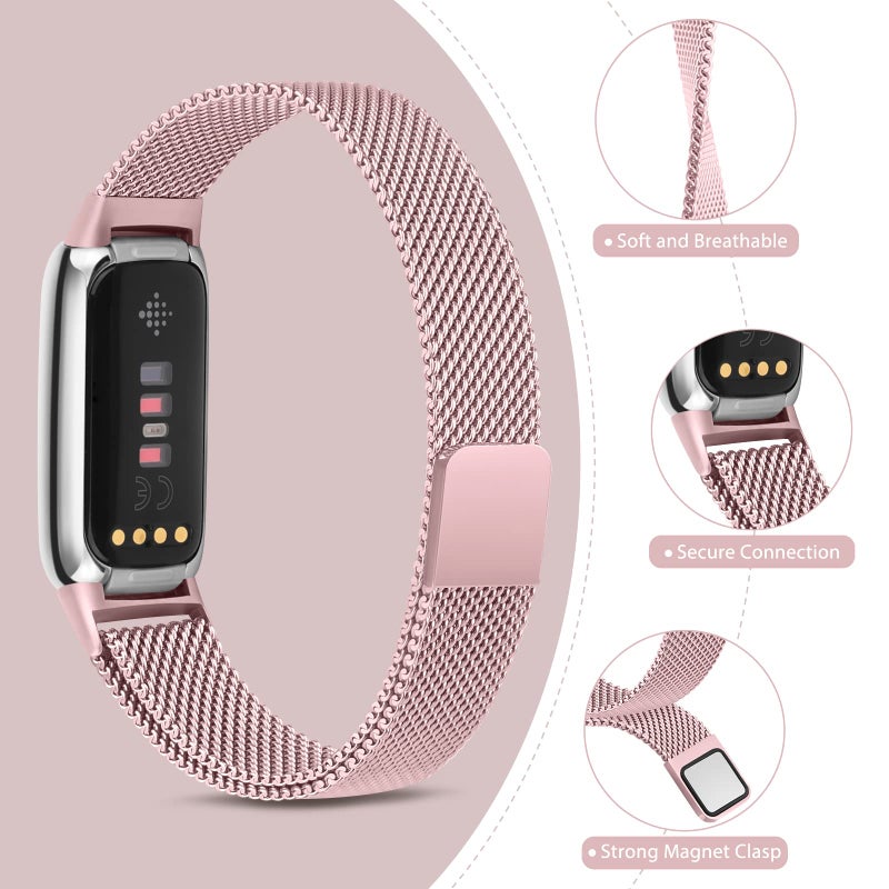 Vanjua Metal Band for Fitbit Luxe Bands Women Men, Stainless Steel Mesh Loop Adjustable Magnetic Wristband Replacement Strap Compatible with Fitbit Luxe Fitness and Wellness Tracker (Rose Pink) - Image 3