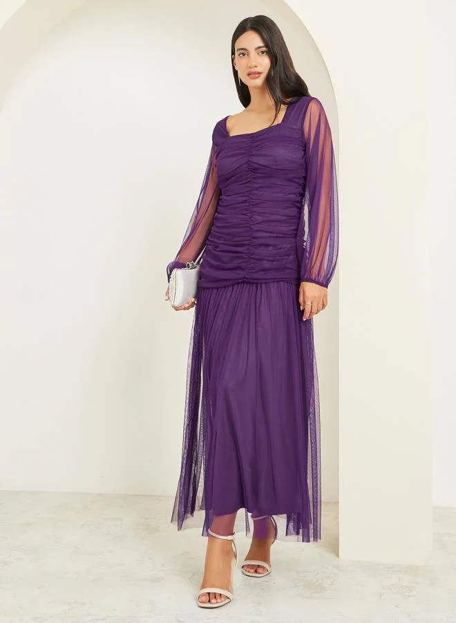 Purple Mesh Gathered Long Sleeves Maxi Dress