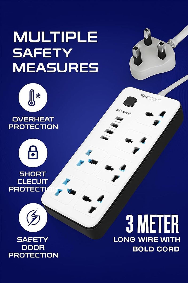 CAROSKI Extension Lead, 3M Universal Electric Extension Cord with 3 Pin Socket, Extension Cord with 6 Gang |3 USB Ports |1 Type-C Port,1 Year Warranty, 3 Meters Extension Power Cables for Home - Image 2