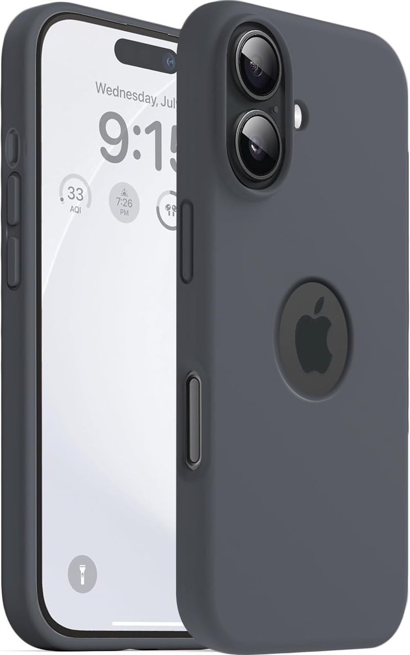 Elzzi Microfiber Logo Cut Cover Compatible for iPhone 16 Case Liquid Silicone Cases Full Body 4 Layer Protective Covers Shockproof Back Cover with High Raised Camera Lips (6.1 inch, Dark Grey) - Image 1