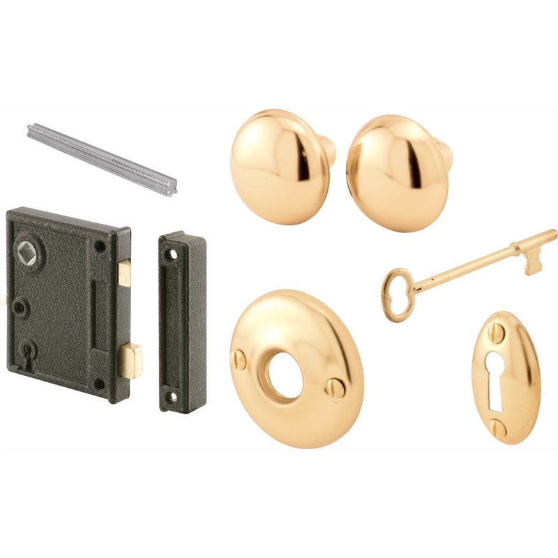 Prime-Line E 2437 Vertical Trim Vintage Lock Set â€“ Cast Steel, Brass Plated Knobs, Antique Skeleton Key Lock System â€“ 2-1/2â€ Backset, Surface Mounted, Right-Hand Swing-In Interior Doors (Single Pack) - Image 1