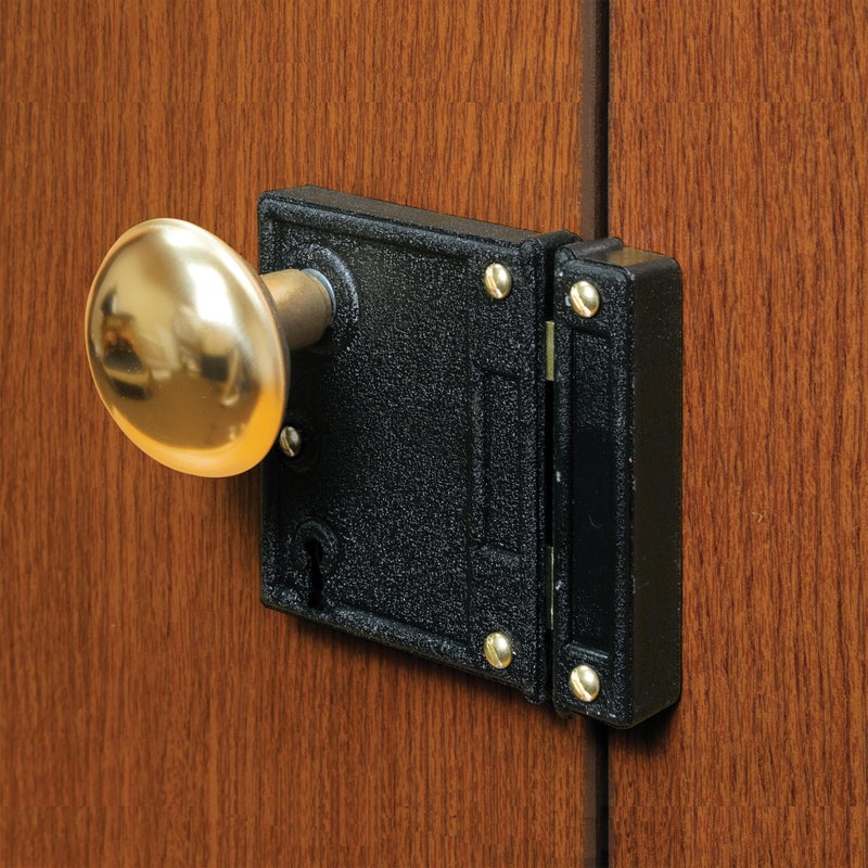 Prime-Line E 2437 Vertical Trim Vintage Lock Set â€“ Cast Steel, Brass Plated Knobs, Antique Skeleton Key Lock System â€“ 2-1/2â€ Backset, Surface Mounted, Right-Hand Swing-In Interior Doors (Single Pack) - Image 3