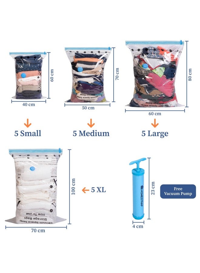 HomeStrap Homestrap Pack of 20 Vacuum Storage Bags with Pump (5XL, 5 Large,5 Medium,5 Small)| Airtight and Reusable Space Saver Double Ziplock Bags with Vacuum Pump|Creates 4X More Space for Clothes/Blankets - Image 2