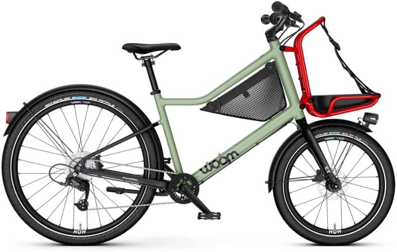 Woom Now 6 Kids Bike – Moss Green/Formula Red – 26-Inch Front, 20-Inch Rear Wheels – Cargo Front Rack – Urban Bicycle - Image 1