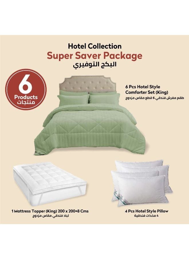 Donetella Hotel Style Super Saver Package 6 Pcs Comforter Set Sage +Mattress Topper + 4 Pillows King Size  - Image 1