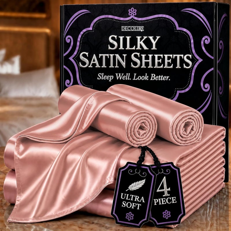 DECOLURE Satin Sheets Queen Size Bed Set 4 Pcs - Silky & Luxuriously Soft Satin Bedding w/ 15 inch Deep Pocket - Hypoallergenic, Double Stitching, Wrinkle Free - Elegant Satin Bed Sheets (Blush Pink) - Image 1
