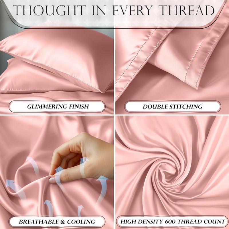 DECOLURE Satin Sheets Queen Size Bed Set 4 Pcs - Silky & Luxuriously Soft Satin Bedding w/ 15 inch Deep Pocket - Hypoallergenic, Double Stitching, Wrinkle Free - Elegant Satin Bed Sheets (Blush Pink) - Image 3