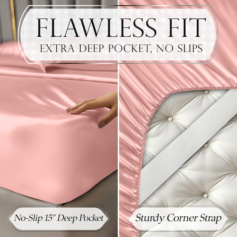 DECOLURE Satin Sheets Queen Size Bed Set 4 Pcs - Silky & Luxuriously Soft Satin Bedding w/ 15 inch Deep Pocket - Hypoallergenic, Double Stitching, Wrinkle Free - Elegant Satin Bed Sheets (Blush Pink) - Image 5