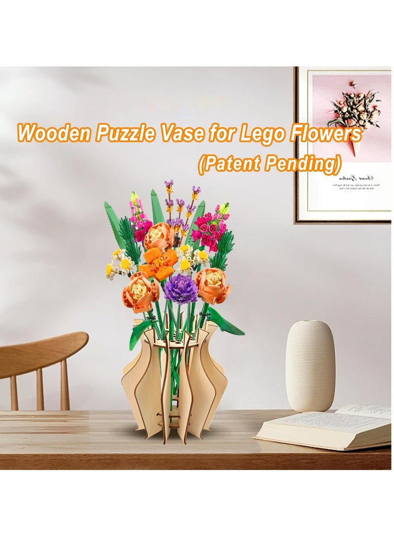 SOLARAE Wooden Puzzle Flower Vase, Vase for Lego Flowers, for Lego Flower Bouquet Building Set, Aesthetic Home Decor, Display Stand for Lego Roses Cherry Blossom Sunflower Tulips Daffodils Lotus - Image 2