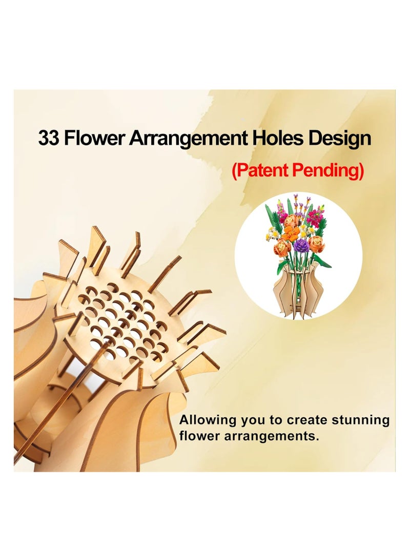 SOLARAE Wooden Puzzle Flower Vase, Vase for Lego Flowers, for Lego Flower Bouquet Building Set, Aesthetic Home Decor, Display Stand for Lego Roses Cherry Blossom Sunflower Tulips Daffodils Lotus - Image 3