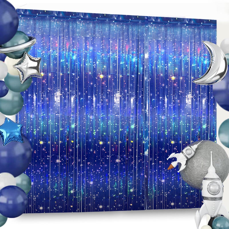 Vagilelf 3 PCS Galaxy Foil Curtains Backdrop for Space Themed Party Decorations, 3.3 x 6.6 ft Blue Iridescent Tinsel Curtains, Foil Fringe for Photo Booth, Outer Space Birthday or Alien Party - Image 1