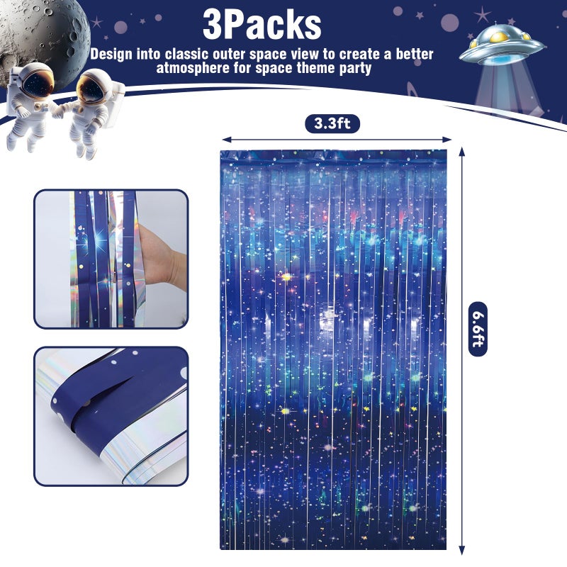 Vagilelf 3 PCS Galaxy Foil Curtains Backdrop for Space Themed Party Decorations, 3.3 x 6.6 ft Blue Iridescent Tinsel Curtains, Foil Fringe for Photo Booth, Outer Space Birthday or Alien Party - Image 2