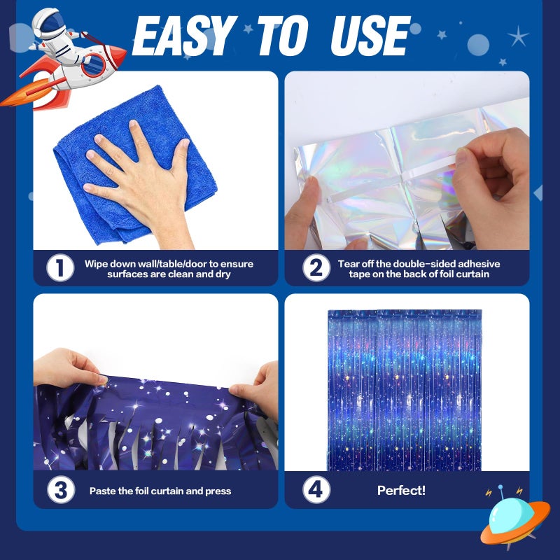 Vagilelf 3 PCS Galaxy Foil Curtains Backdrop for Space Themed Party Decorations, 3.3 x 6.6 ft Blue Iridescent Tinsel Curtains, Foil Fringe for Photo Booth, Outer Space Birthday or Alien Party - Image 5