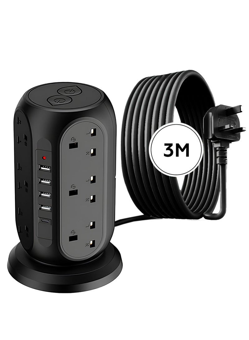 ECVV AMROAH 3M Cord Extension Tower Strip 12 Outlets 4 USB A 1 Type C 2 Switch, Surge Protector Multi Extension Tower Lead Multiplug Socket, Extension Cord with Multiple Plug for Home Office Dorm - Image 1