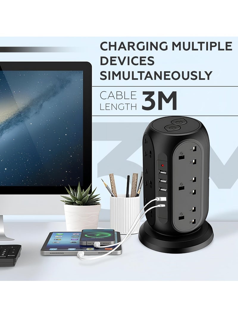 ECVV AMROAH 3M Cord Extension Tower Strip 12 Outlets 4 USB A 1 Type C 2 Switch, Surge Protector Multi Extension Tower Lead Multiplug Socket, Extension Cord with Multiple Plug for Home Office Dorm - Image 4