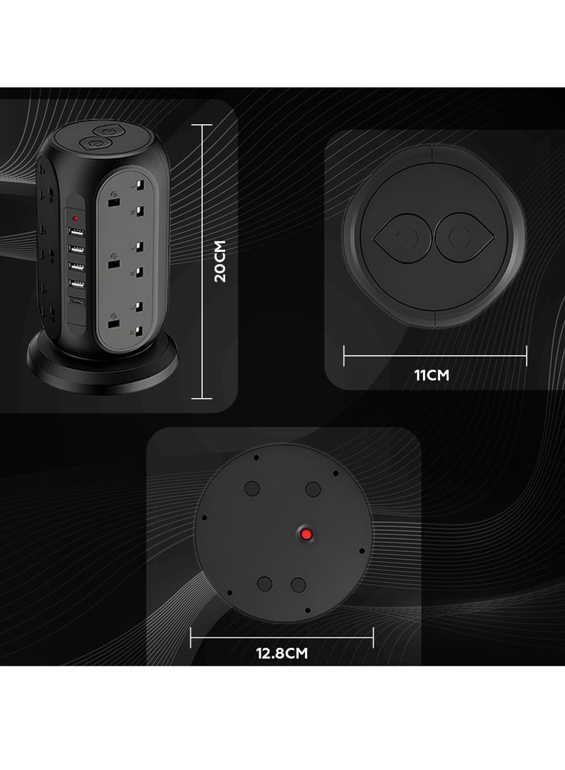 ECVV AMROAH 3M Cord Extension Tower Strip 12 Outlets 4 USB A 1 Type C 2 Switch, Surge Protector Multi Extension Tower Lead Multiplug Socket, Extension Cord with Multiple Plug for Home Office Dorm - Image 3