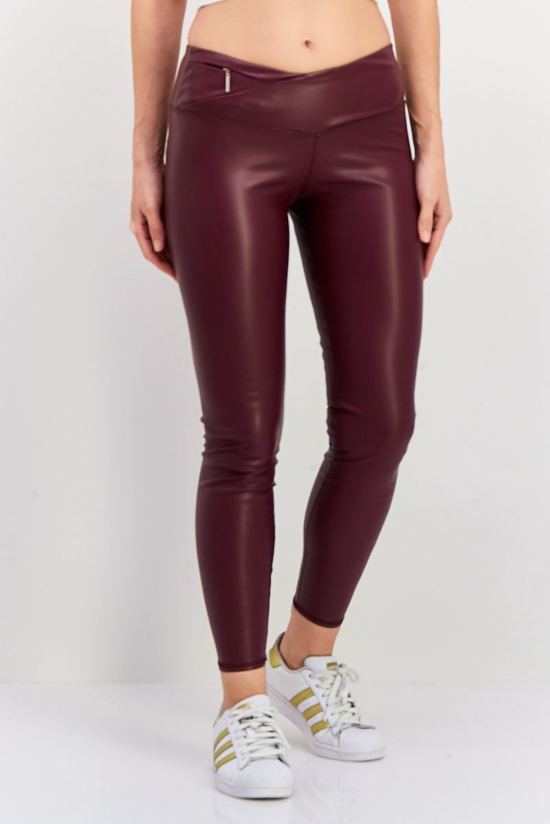 Tahari Sports Women Sportswear Fit Faux Leather Training Leggings, Maroon - Image 1