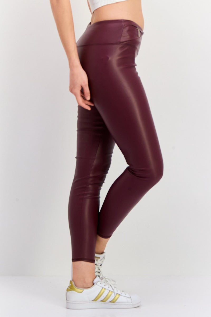 Tahari Sports Women Sportswear Fit Faux Leather Training Leggings, Maroon - Image 2
