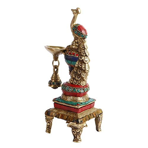 Artvarko Brass Multicolor Bird Peacock Hanging Chain Diya Oil Lamp Stand with Bell, 10 Inches - Image 5