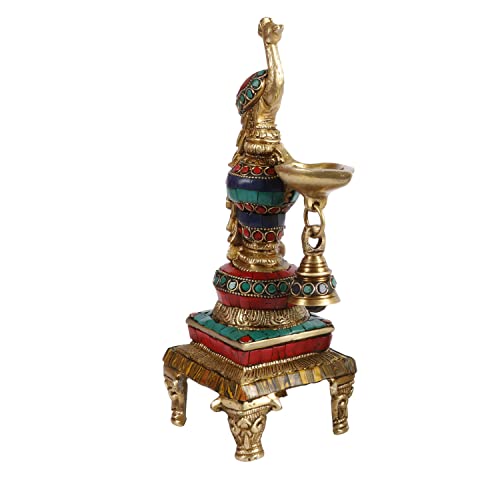Artvarko Brass Multicolor Bird Peacock Hanging Chain Diya Oil Lamp Stand with Bell, 10 Inches - Image 4