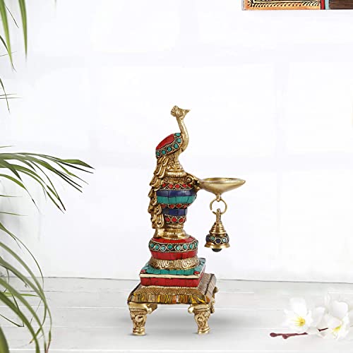 Artvarko Brass Multicolor Bird Peacock Hanging Chain Diya Oil Lamp Stand with Bell, 10 Inches - Image 1