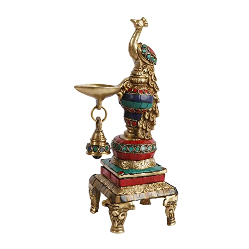Artvarko Brass Multicolor Bird Peacock Hanging Chain Diya Oil Lamp Stand with Bell, 10 Inches - Image 2