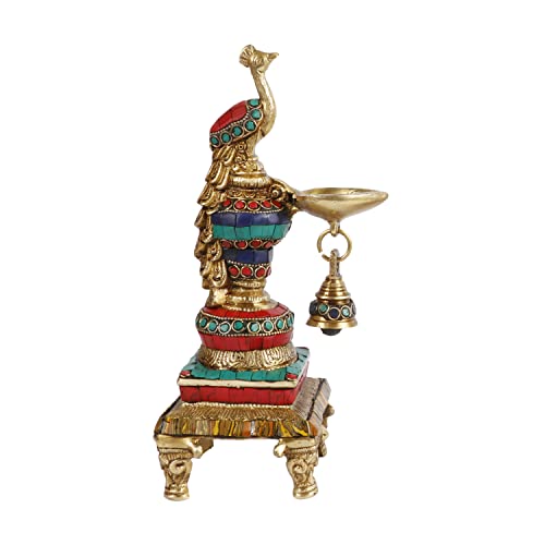 Artvarko Brass Multicolor Bird Peacock Hanging Chain Diya Oil Lamp Stand with Bell, 10 Inches - Image 3