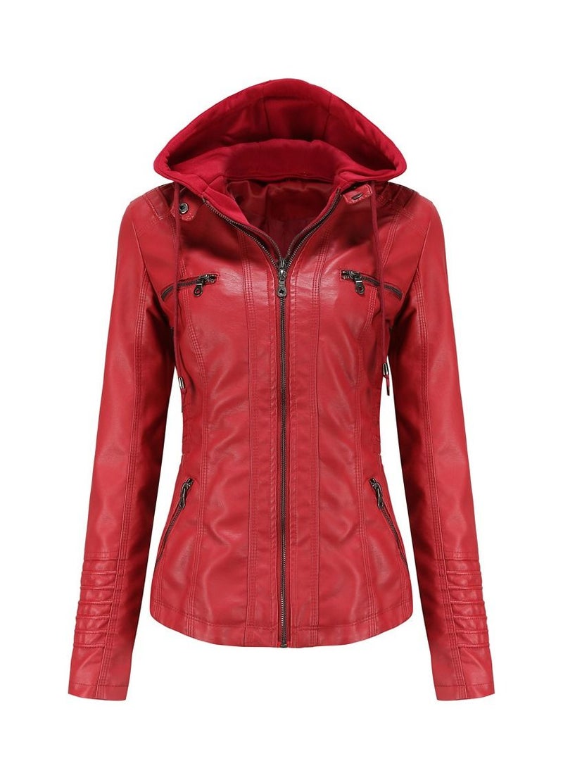 Loquat Women's Hooded Leather Jacket Two-Piece Set With Detachable Features Red  - Image 1