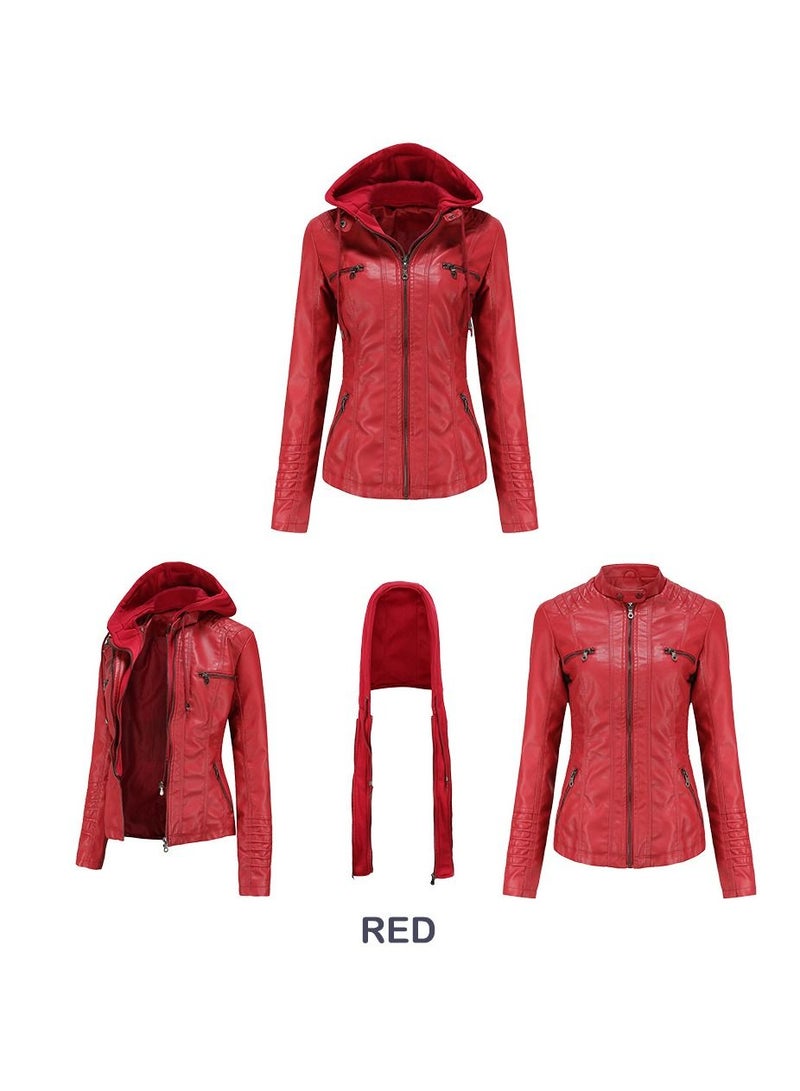 Loquat Women's Hooded Leather Jacket Two-Piece Set With Detachable Features Red  - Image 2
