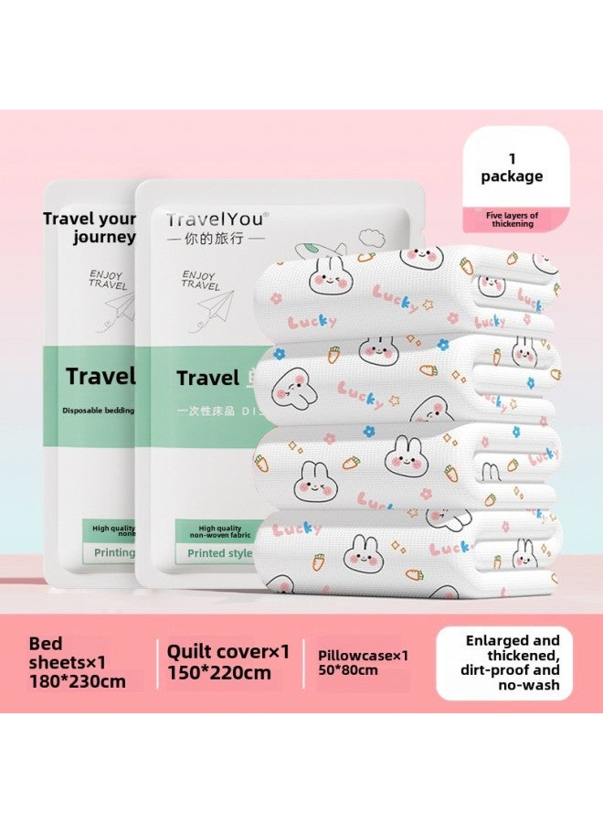 Disposable Bed Sheet Quilt Cover Pillowcase Bed Hat Four-piece Set Double Dirty-isolating Household Winter Extra-large Thickened Hotel Supplies-Color:Single Suit [lucky Rabbit] Get Two Pairs Of Socks With Your Purchase  - Image 1