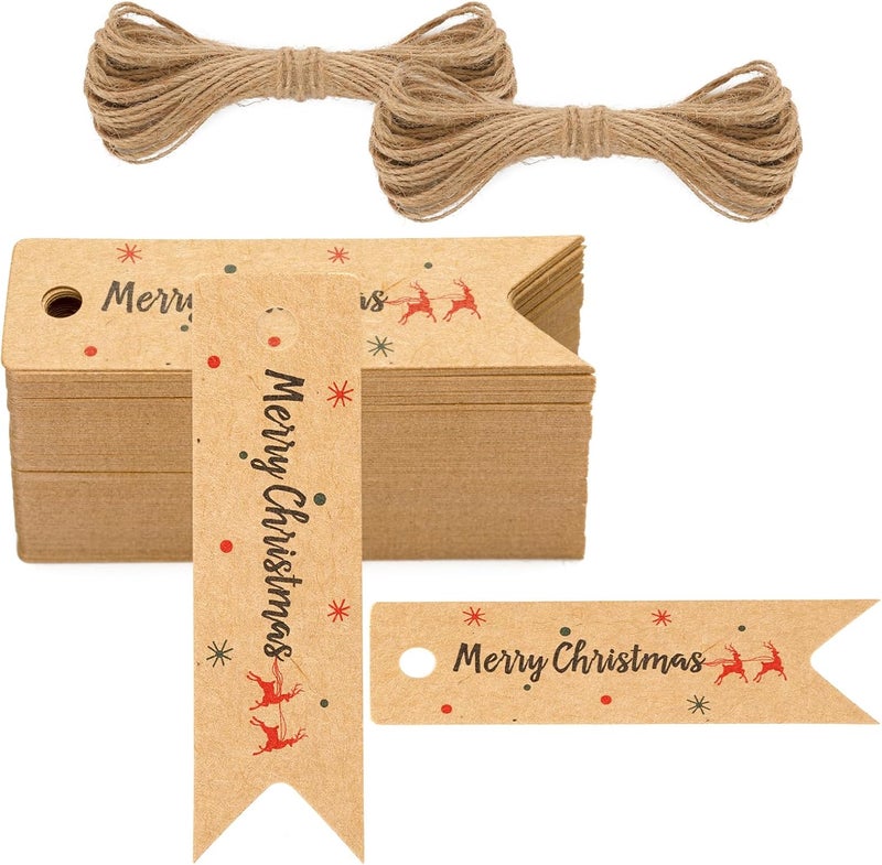 g2plus Small Merry Christmas Tags - 100Pcs Deer Kraft Paper Gift Tags with String for Gift Wrapping, Goodies Bags, Christmas Holiday Party Favors(2.8''x0.8'') - Image 1