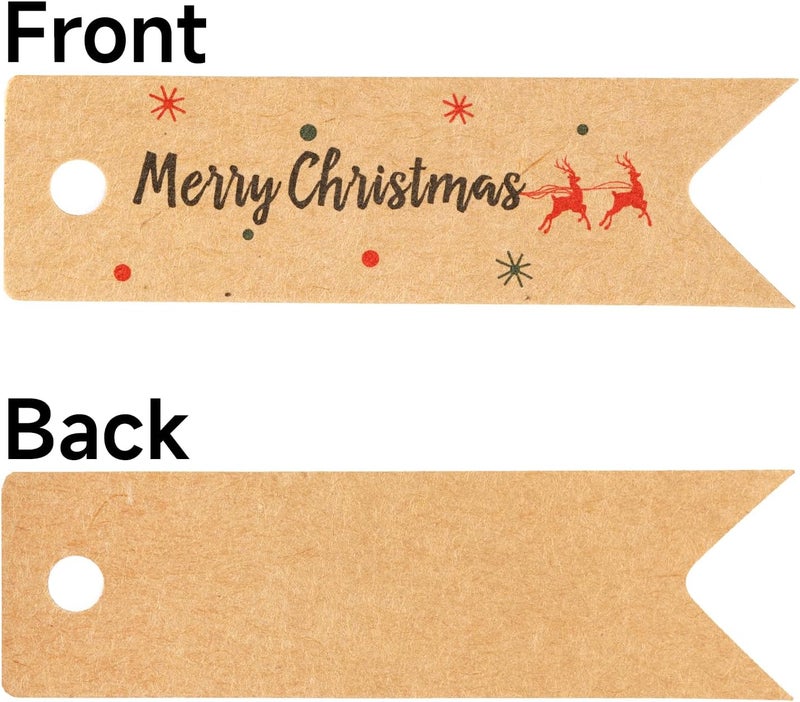 g2plus Small Merry Christmas Tags - 100Pcs Deer Kraft Paper Gift Tags with String for Gift Wrapping, Goodies Bags, Christmas Holiday Party Favors(2.8''x0.8'') - Image 2