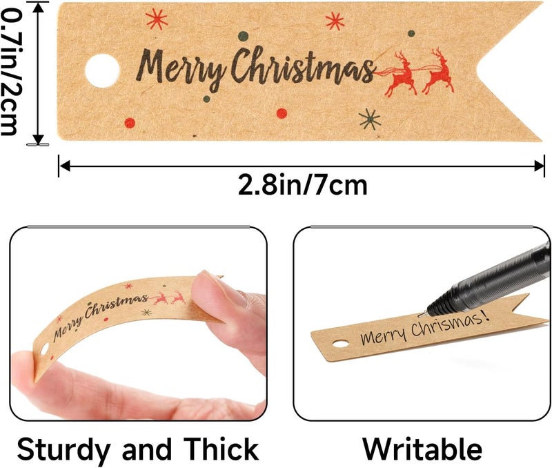 g2plus Small Merry Christmas Tags - 100Pcs Deer Kraft Paper Gift Tags with String for Gift Wrapping, Goodies Bags, Christmas Holiday Party Favors(2.8''x0.8'') - Image 3