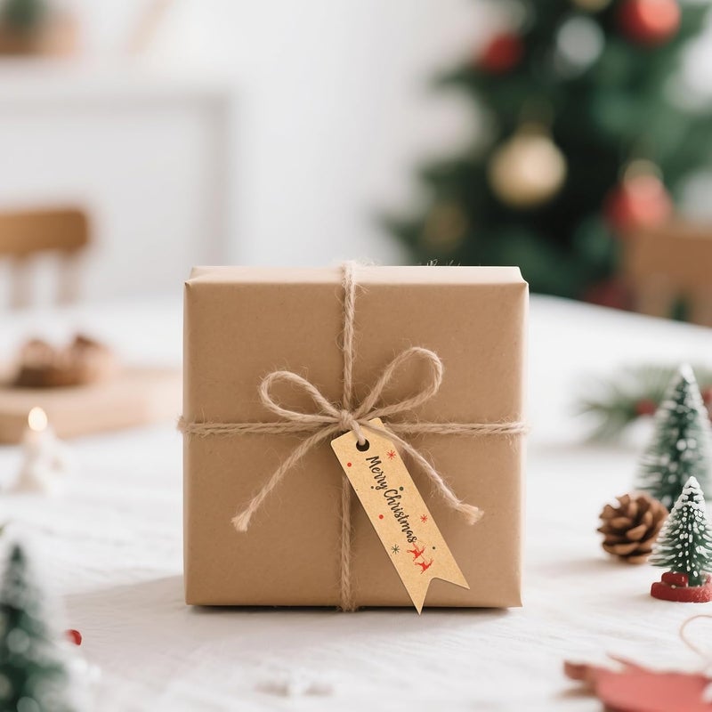 g2plus Small Merry Christmas Tags - 100Pcs Deer Kraft Paper Gift Tags with String for Gift Wrapping, Goodies Bags, Christmas Holiday Party Favors(2.8''x0.8'') - Image 4