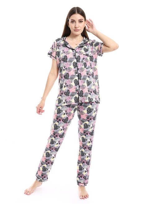 Women Pajama Set With Pants And Button Design