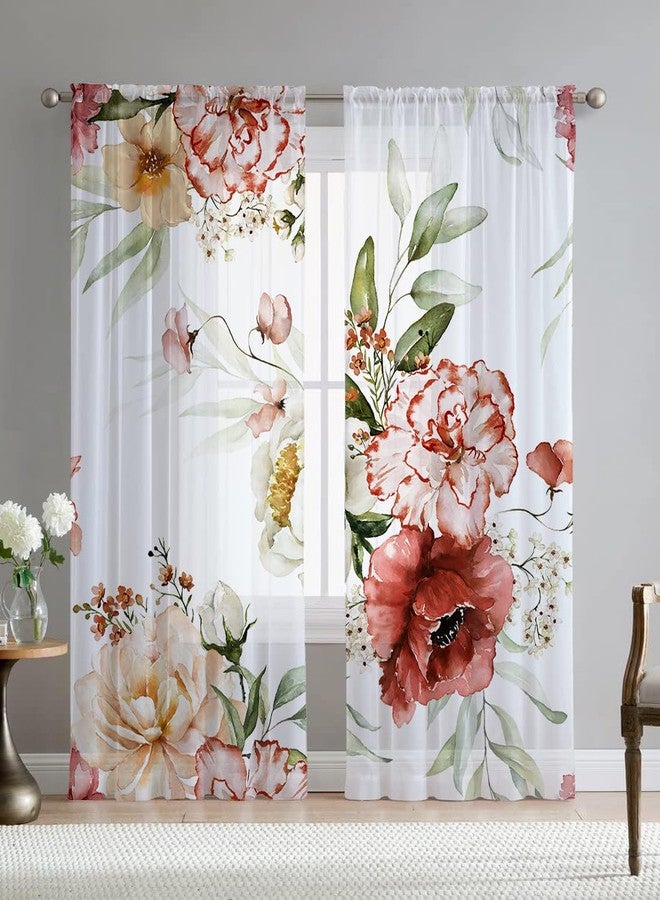 Fereyis Floral Sheer Curtains for Living Room 84 inch Length 2 Panels Set Elegant Red Pink Flower Printed Window Curtain Chiffon Drapes for Bedroom - Image 1