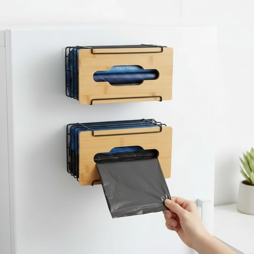 Otoolling 2 Pack Magnetic Trash Bag Holder Basket Garbage Bag Magnetic Dispenser Roll Holder with Bamboo Lid Kitchen Laundry Organizers and Storage Container for Laundry Room Kitchen - Image 1