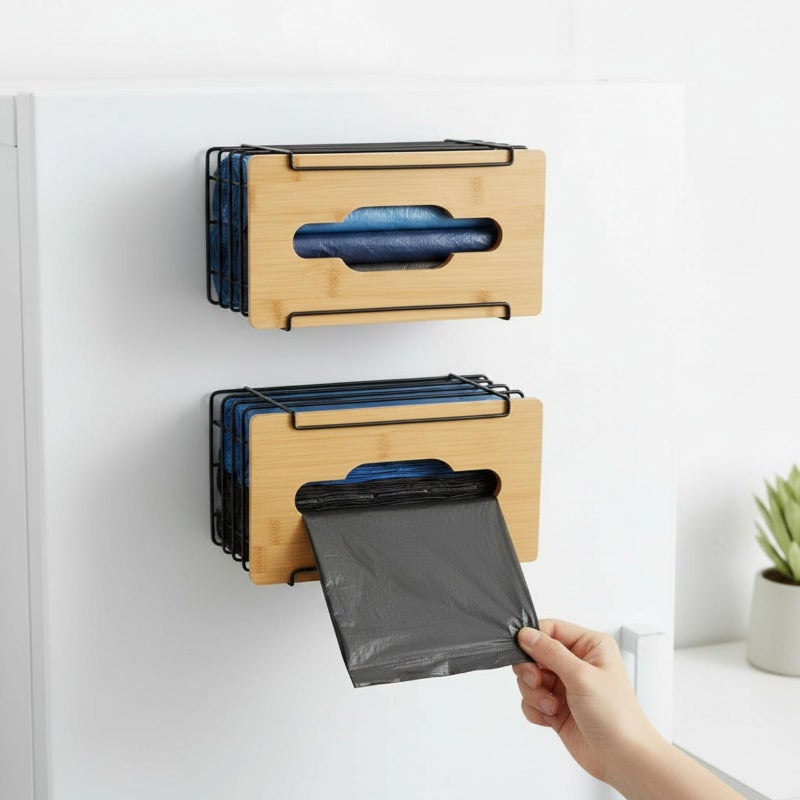 Otoolling 2 Pack Magnetic Trash Bag Holder Basket Garbage Bag Magnetic Dispenser Roll Holder with Bamboo Lid Kitchen Laundry Organizers and Storage Container for Laundry Room Kitchen - Image 2