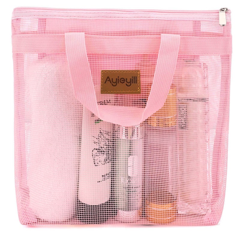 Hommtina 1 Pcs Portable Shower Mesh Caddy Bag Quick Dry Hanging Toiletry and Bath Organizer for Travel and Swimming with Zipper (Coral powder) 