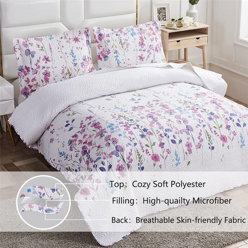 Green Essen Summer Lightweight Thin Floral Quilts Full/Queen Size,Purple Blue Lilac Flowers Green Leaves Botanical Bedspread Coverlet Set,Breathable Bed Cover with Standard Pillow Shams,Random Patterns - Image 3