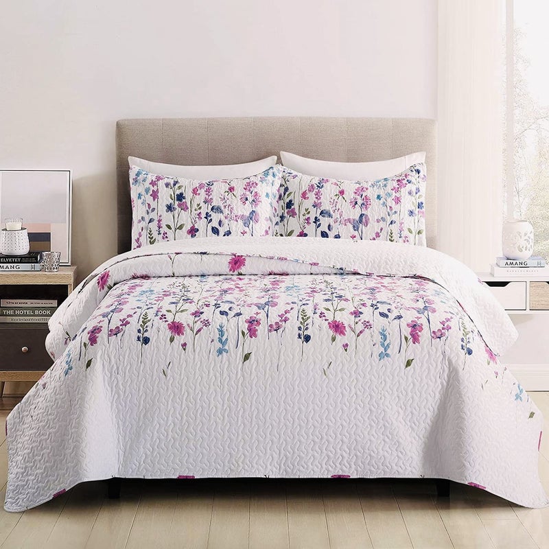 Green Essen Summer Lightweight Thin Floral Quilts Full/Queen Size,Purple Blue Lilac Flowers Green Leaves Botanical Bedspread Coverlet Set,Breathable Bed Cover with Standard Pillow Shams,Random Patterns - Image 2