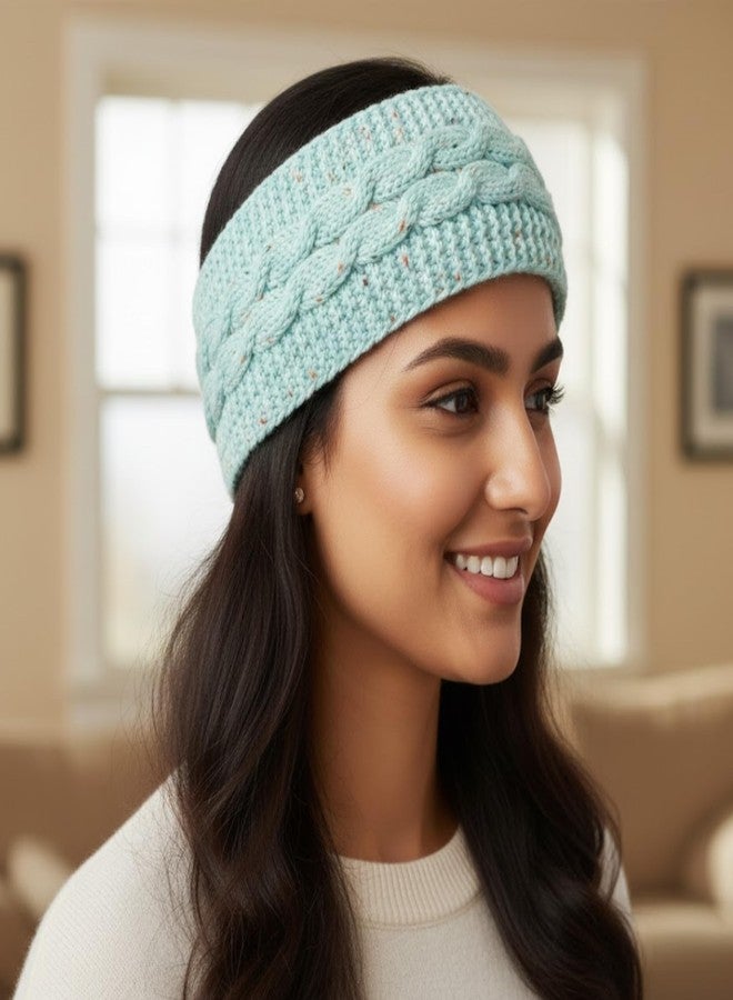 Future Tabs Windproof Thick Headband - Sky Blue | Chunky Cable Stripe Printed Headband For Women | Crocheted Wide Knitted Head Band | Warm Material For Winters - Image 2