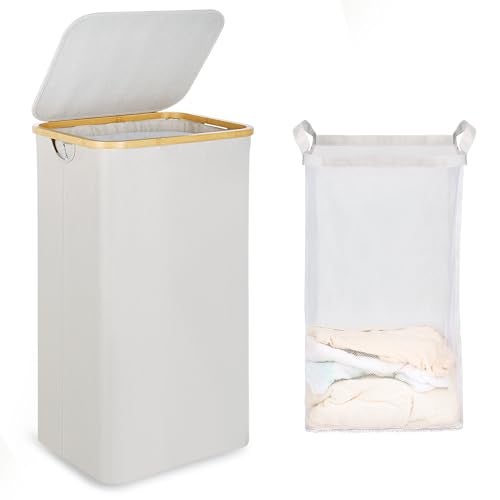 efluky Laundry Basket with Lid and Removable Bag, 100L Tall Laundry Hamper with Bamboo Handles, Aesthetic Dirty Clothes Bin for Laundry Room, Bathroom, Bedroom and Dorm, Light Grey - Image 1