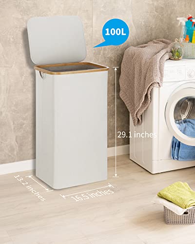efluky Laundry Basket with Lid and Removable Bag, 100L Tall Laundry Hamper with Bamboo Handles, Aesthetic Dirty Clothes Bin for Laundry Room, Bathroom, Bedroom and Dorm, Light Grey - Image 3