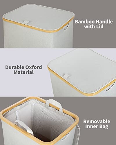 efluky Laundry Basket with Lid and Removable Bag, 100L Tall Laundry Hamper with Bamboo Handles, Aesthetic Dirty Clothes Bin for Laundry Room, Bathroom, Bedroom and Dorm, Light Grey - Image 5