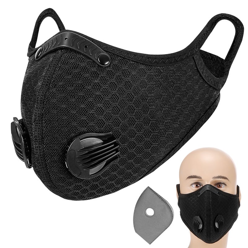 Breathing Valve Mask: Black Mesh Fabric, Replaceable Active Carbon Filter, Ergonomic Design - Smooth Breathing, Adjustable Headband for Outdoor Activities u0026 Daily Protection - Image 1