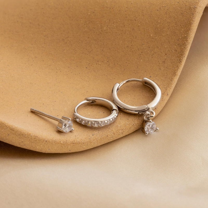 NOKMIT 3 Pairs Mini Hoop Earrings Set for Women 14K Gold Silver Tone Huggie Hoop Cute Small Cartilage Earring Ear Cuff for Multiple Piercing (Style B, Silver) - Image 4