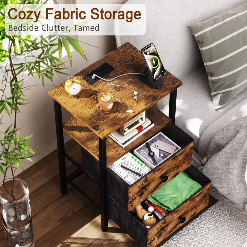 LOAKEKEL Night Stand with Charging Station, Small Bedside Table with 2 Fabric Drawers, Nightstand with USB Ports & Outlets for Bedroom, Brown, HETS020BR-1 - Image 4